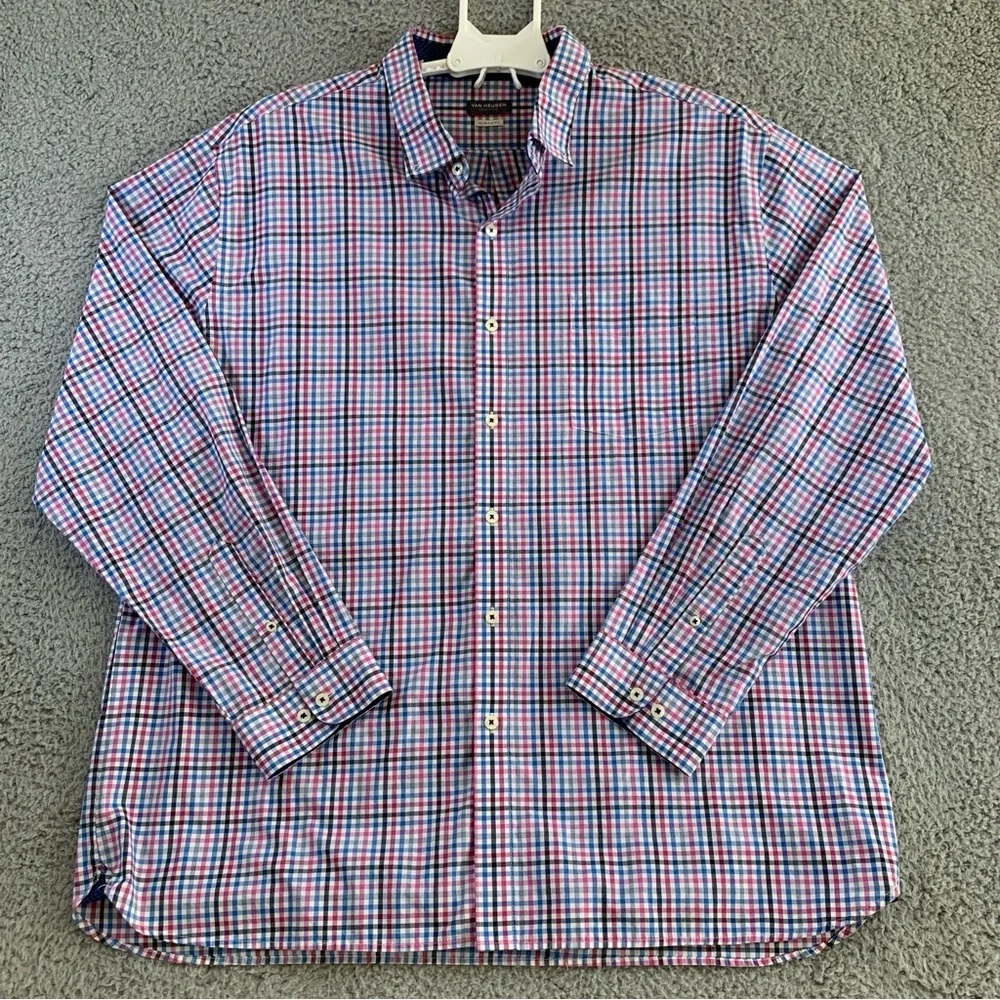 Van Heusen Shirt Men's XXL Classic Fit Long Sleeve Flip Cuff Button Up Pink Blue